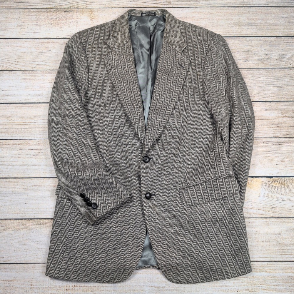Savile Row 40L Gray Herringbone Wool Lambswool Blazer Sport Coat Jacket Men‎